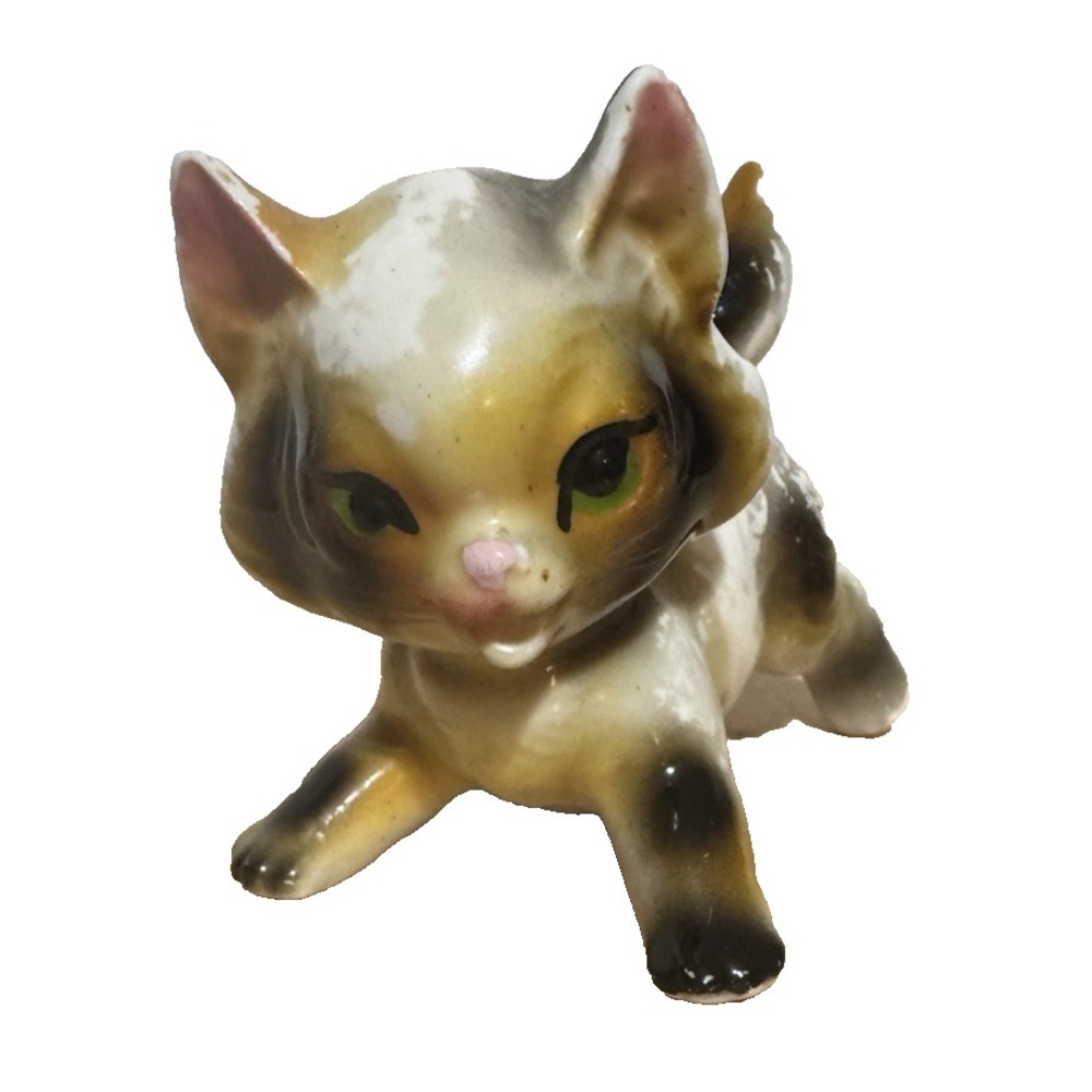 Vintage Cat Figurine Playful Artline Japan Big Green Eyes Pink Nose